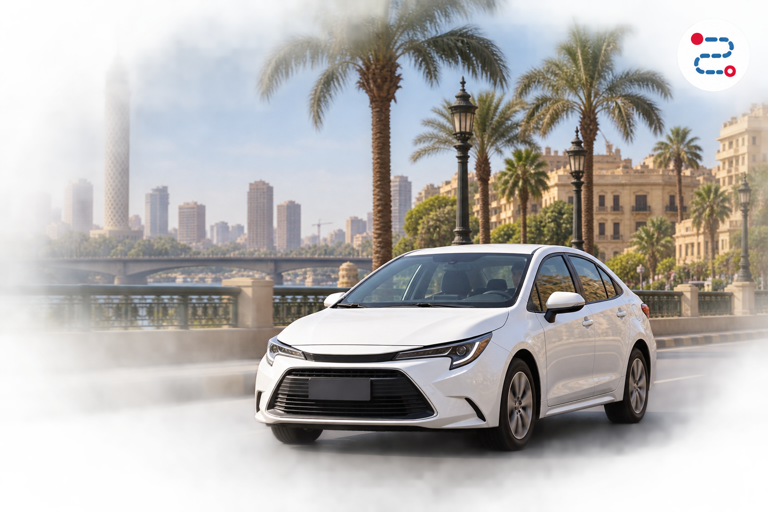 White private car on a street beside the Nile in Cairo