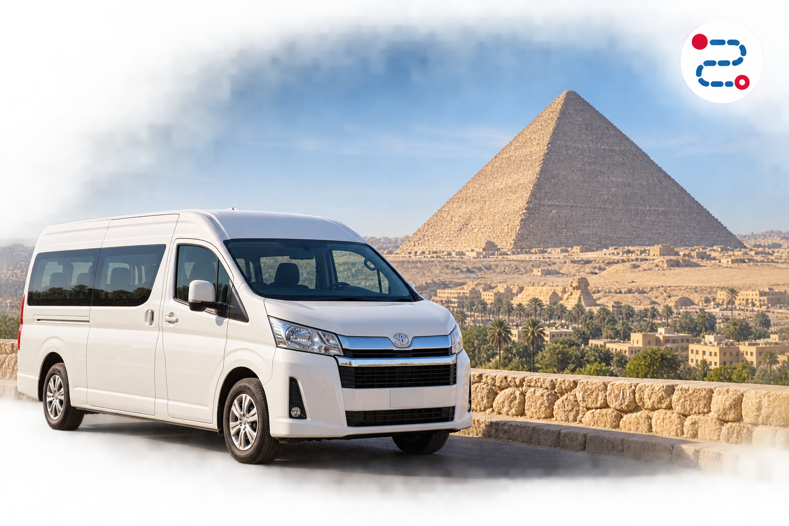 White private minivan near the Giza Pyramids