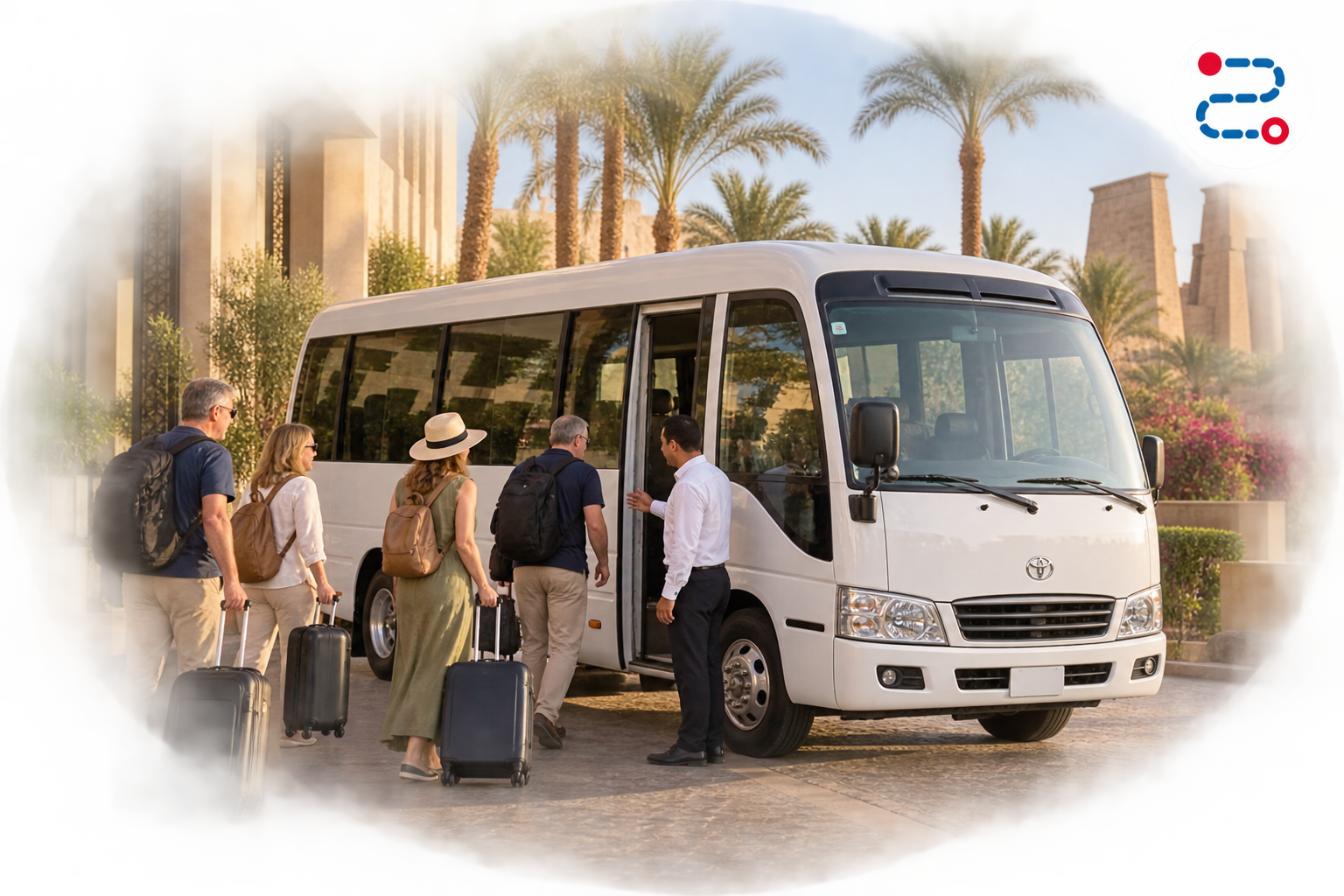 Travellers boarding a private minibus in Luxor