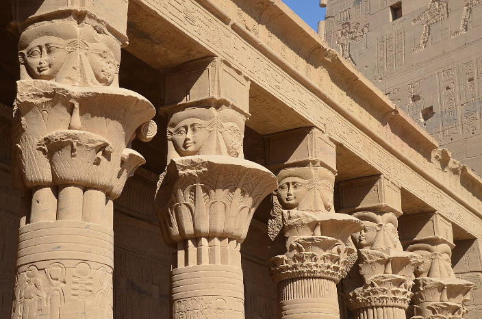 Decorated columns inside the Temple of Hathor at Dendera